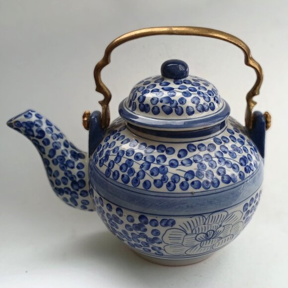 Oriental Style Blue & White Porcelain Teapot With Brass Handle Not Used VTG - Picture 2 of 12